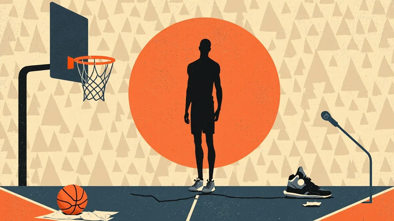 Une silhouette de grand joueur de basket sans visage se tient sur un terrain devant un panier, entourée de bulles de microphone et d'un papier froissé, illustrant les rumeurs autour d'une histoire de retard.