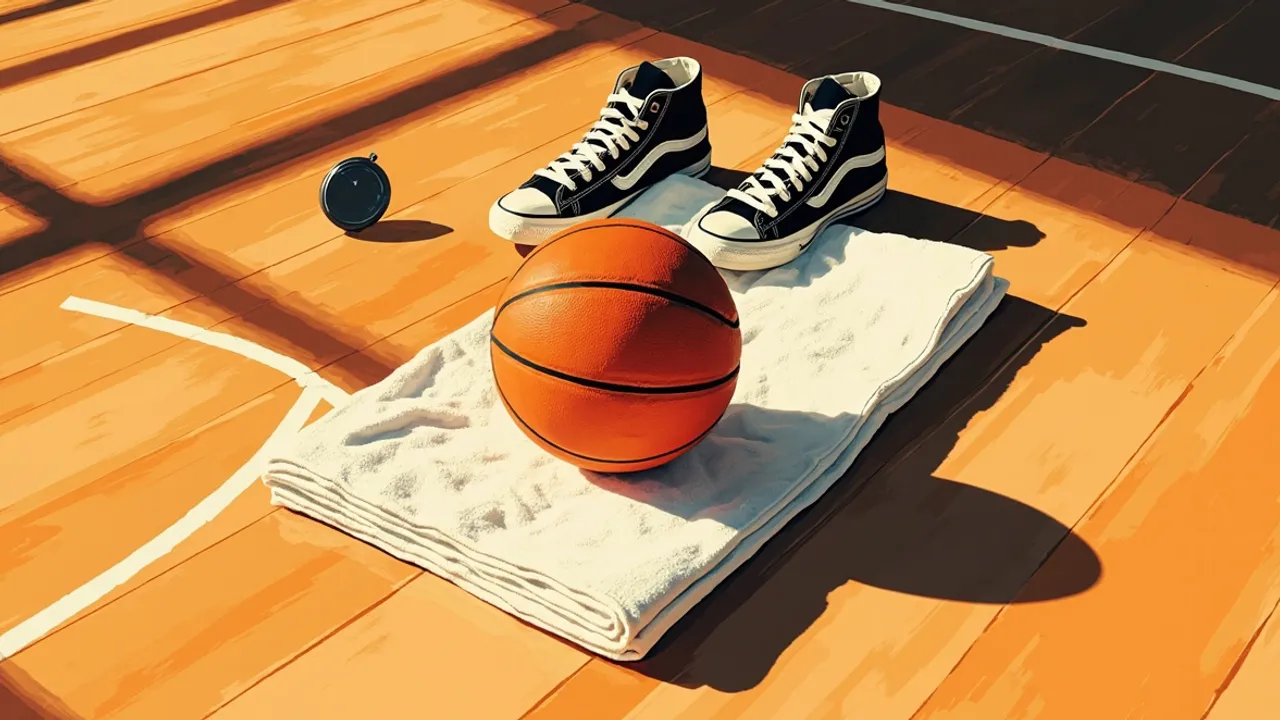 Une nature morte d'équipement d'entraînement de basketball : un ballon orange posé sur une serviette blanche pliée, entouré de chaussures de sport noir et blanc et d'un chronomètre sur un parquet brillant.