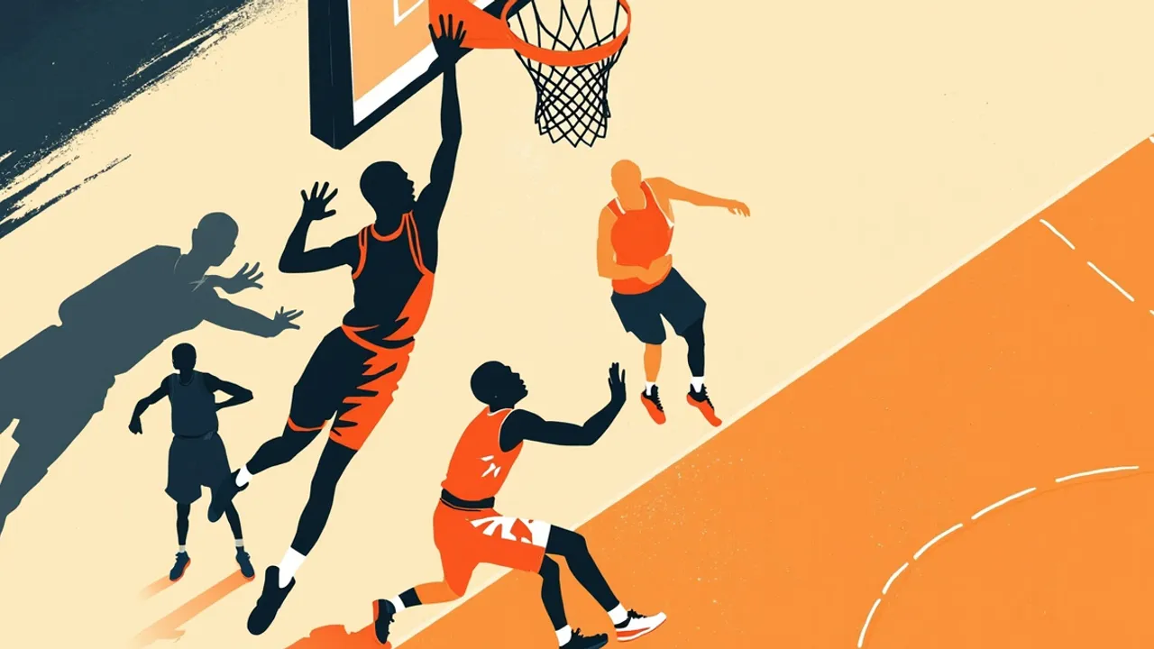 Illustration plate en silhouette d'un dunk au panier sur un terrain de basketball, avec deux défenseurs qui convergent, capturant l'instant d'une action gagnante de championnat.