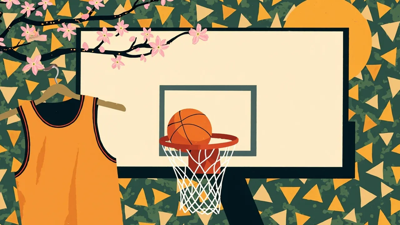 Geometric flat illustration of a basketball poised above a hoop with net, a blank jersey on a hanger beside it, and spring blossoms, set on a patterned green-and-gold background.