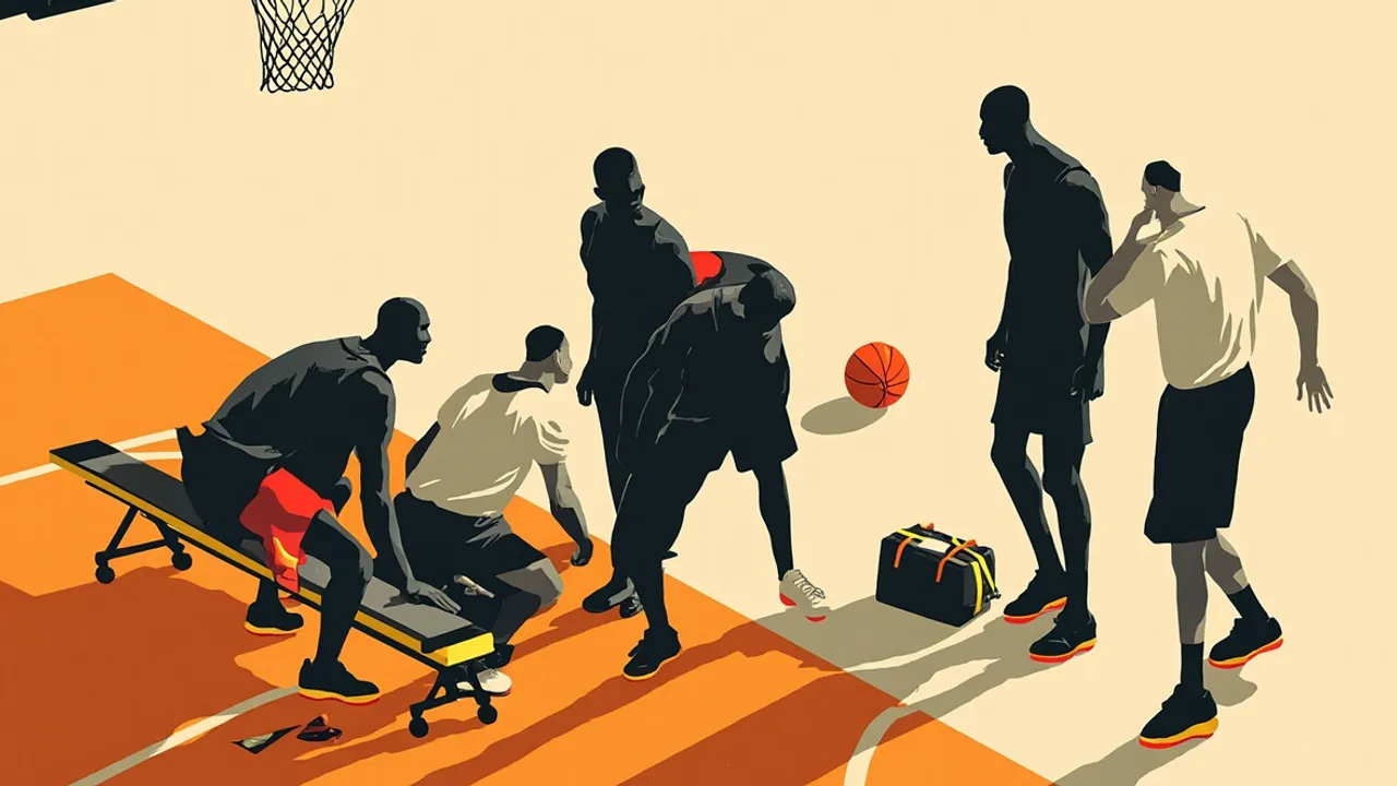 Flat silhouettes on a basketball court, one sitting on a bench after emergency abdominal surgery with a red glow, teammates standing nearby with an ice pack and gear.