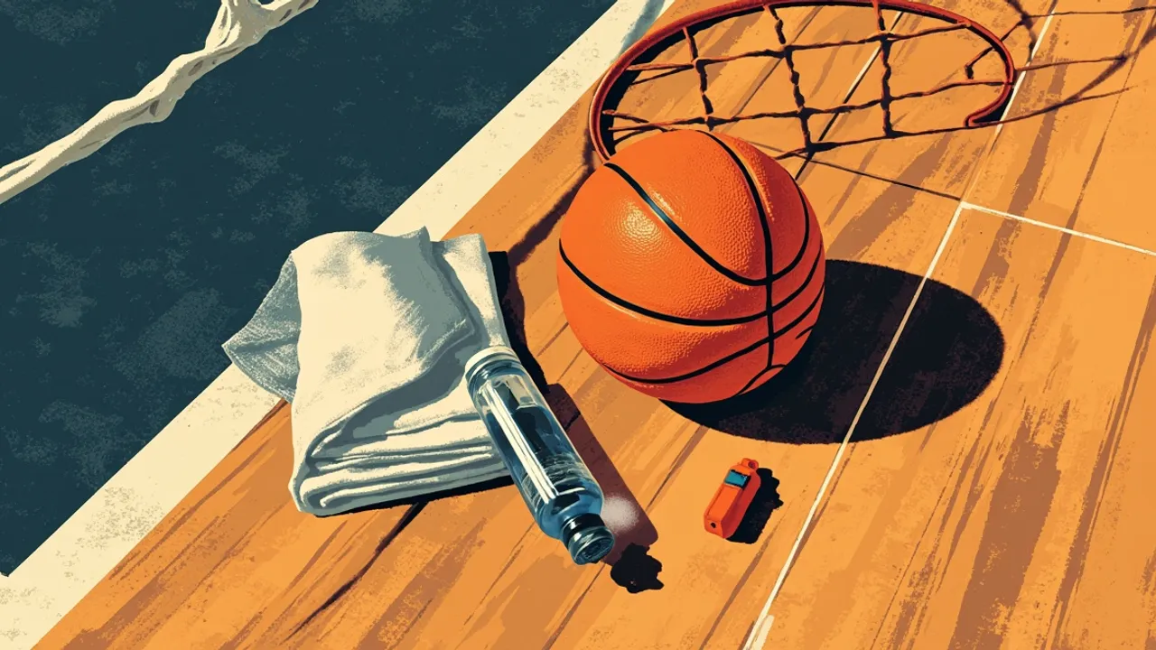 A basketball, bottle, towel, whistle, and hanging net arranged on a hardwood court.