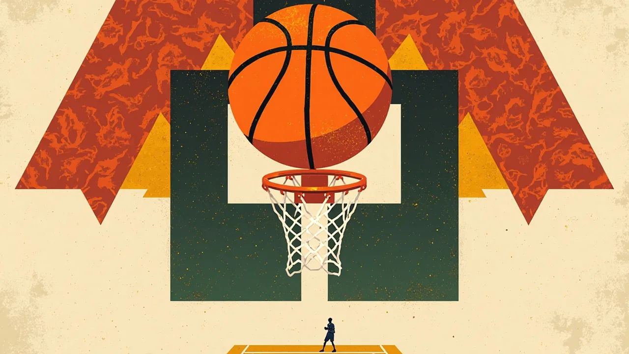 A basketball drops through a hoop above stylized court lines against a geometric red, green, and gold pattern.