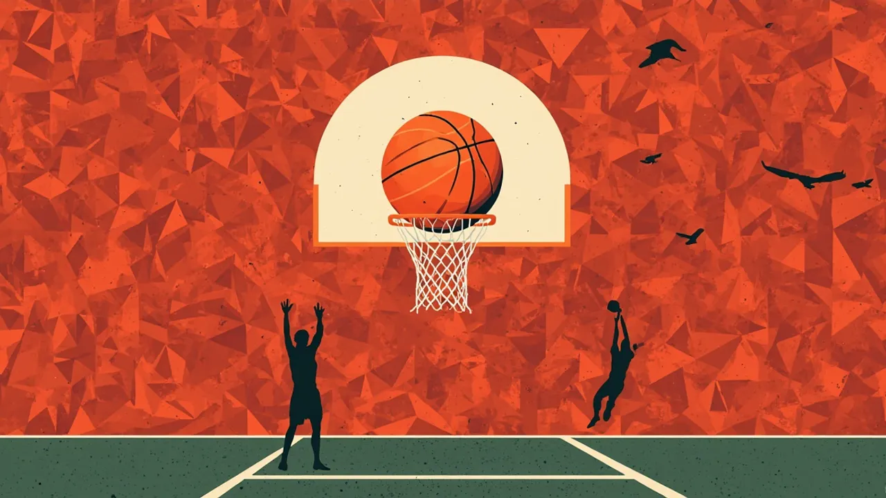 Geometric emblem of a basketball going through a hoop, one faceless figure celebrating and two with heads bowed, on a patterned red background.