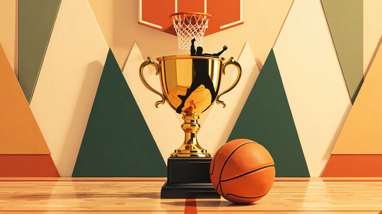 A golden trophy and a basketball sit on a wooden court, framed by a hoop and a warm African-inspired geometric pattern in earth tones.