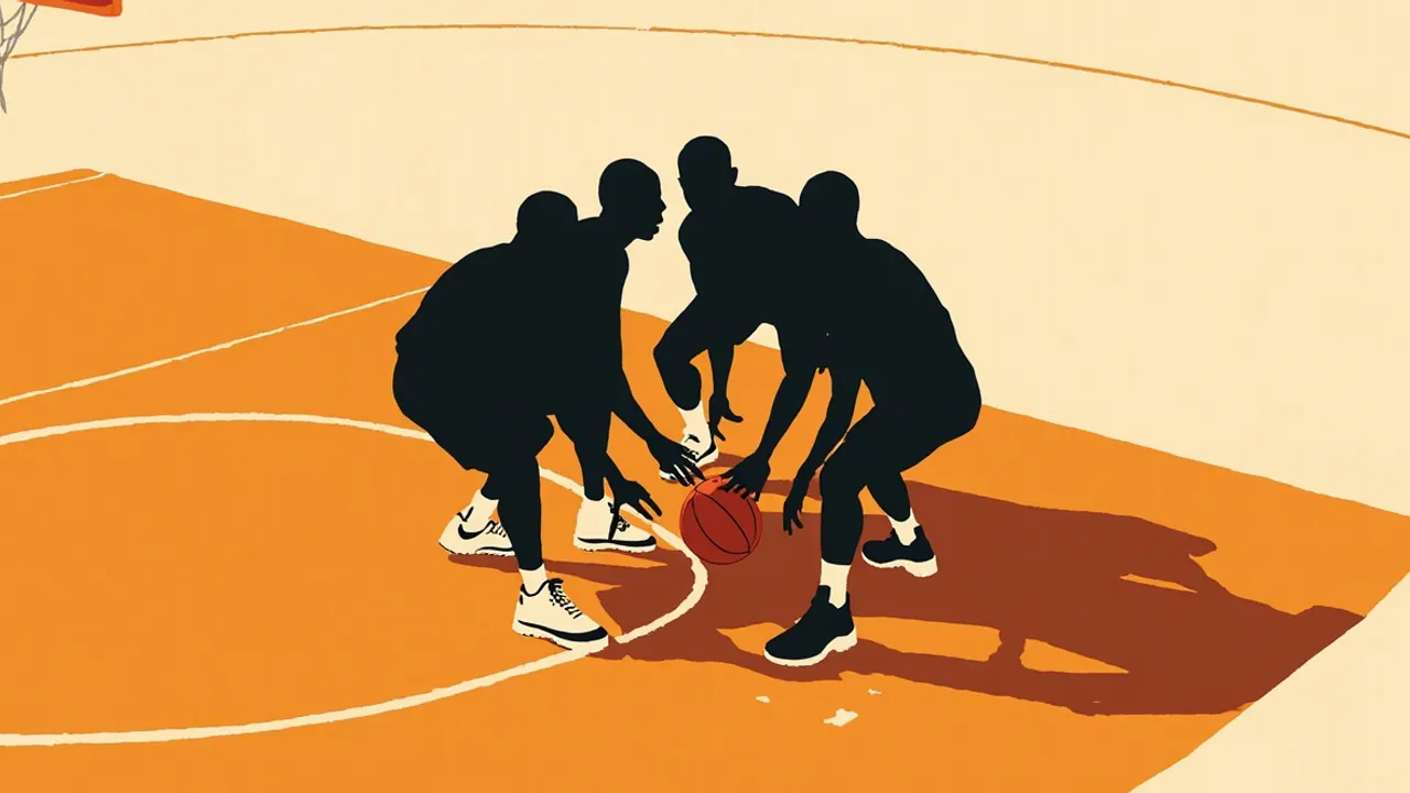 Four faceless basketball players in a tight huddle on a court, hands together over a single ball on the hardwood.