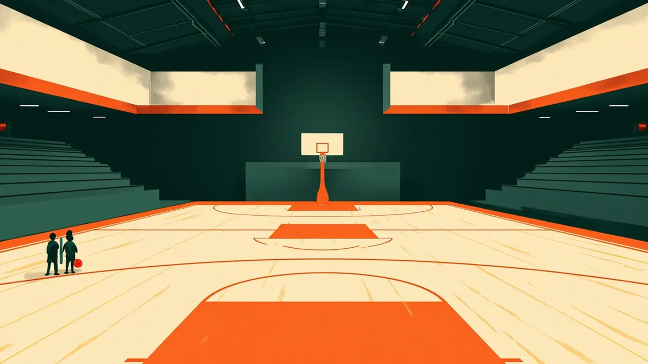 Vue en contre-plongée d'une salle intérieure vide, trois silhouettes sans visage sur un parquet en bois, l'une tenant un ballon de basket sous un panier unique.