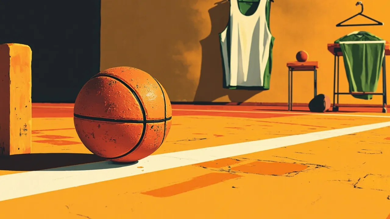 A dusty basketball and wooden gavel dey sit for the scorer table on old hardwood court, beside one folded jersey for hanger, as if say resolution don stall.