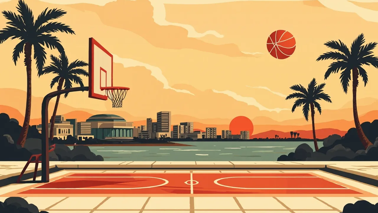 Stylised coastal city skyline at dusk with palm trees and an arena dome, a half basketball court in the foreground and a single basketball rising like the sun.