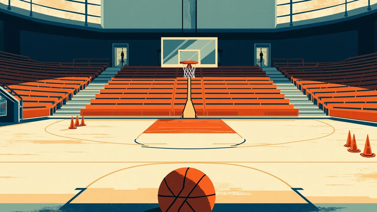 Vue intérieure en contre-plongée d'une salle de basketball aménagée pour un camp de formation de jeunes, avec des plots et des ballons sur le parquet et de petites silhouettes en train de s'étirer.