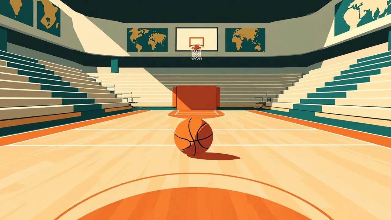 Terrain de basketball intérieur vide avec un seul ballon au centre, des maillots pliés sur la table de marque et une carte du continent au mur.