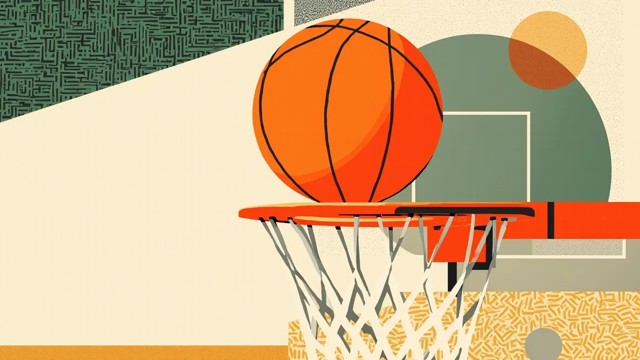 An orange basketball goes through a hoop and net, set on a green, gold and white textile-patterned background, marking a youth camp.