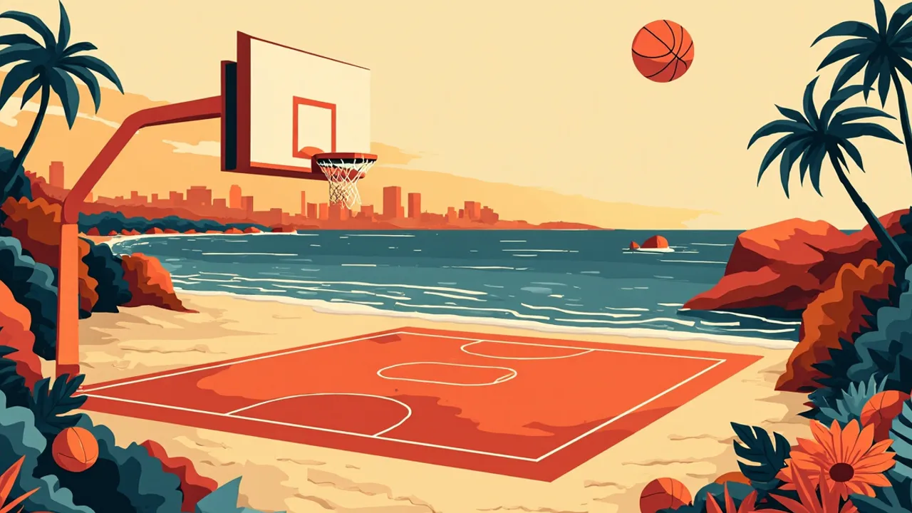 A coastal landscape at dusk with a full basketball court set into the sand, a single ball rising like the sun, and a hoop standing by the sea.