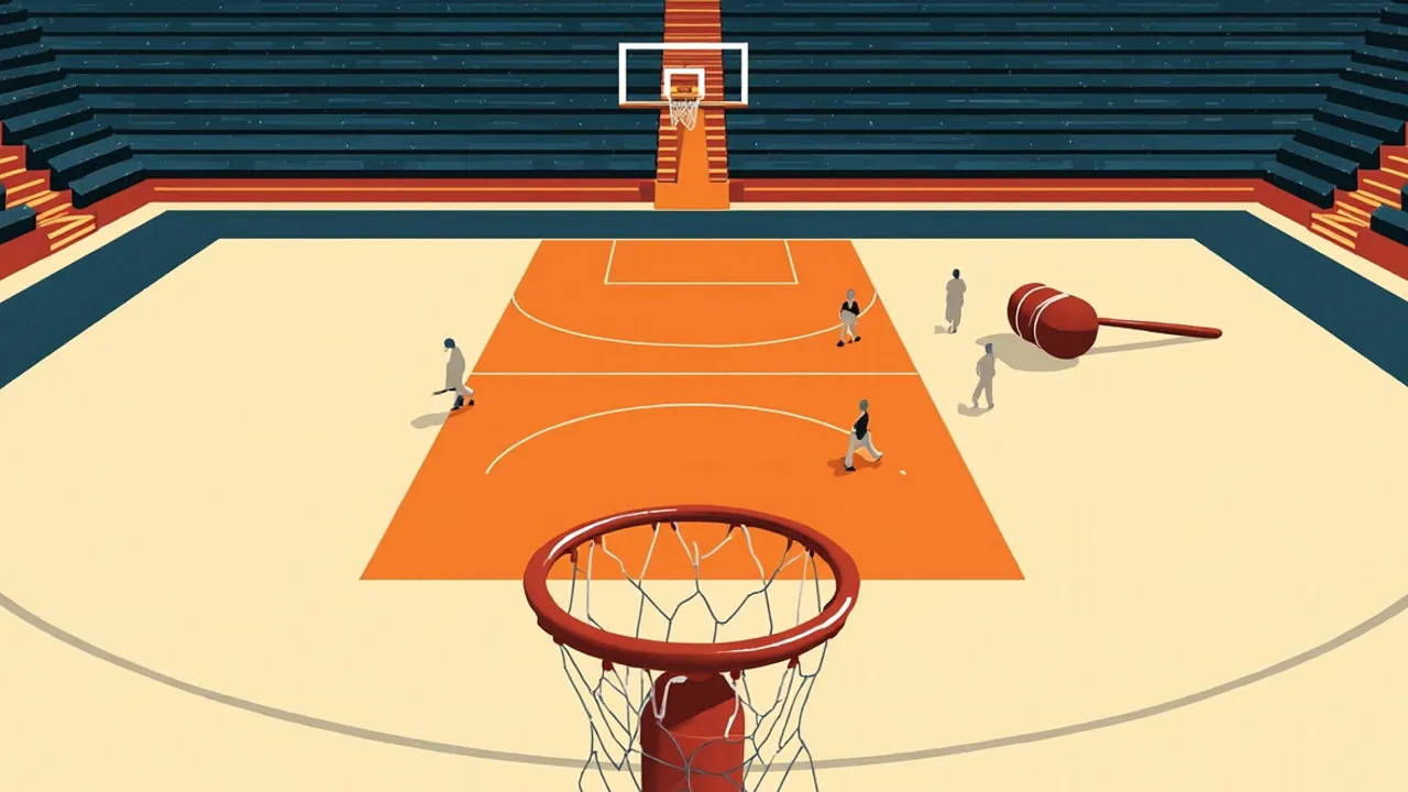 Une salle de basket-ball avec un marteau de juge et une chaise vide sur la table des marqueurs, reliant l'administration au terrain.