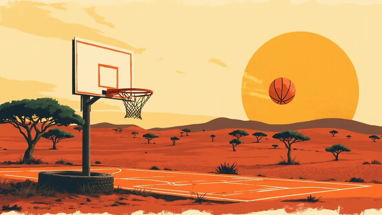 An outdoor basketball court set into a dry savanna landscape, a single basketball rising like the sun, a small green sapling planted at the baseline.