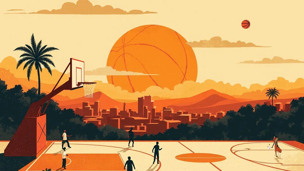 Une ville se dresse autour d'un vaste terrain de basketball tandis qu'une réunion et un ballon qui s'élève symbolisent une gouvernance du basketball restaurée.