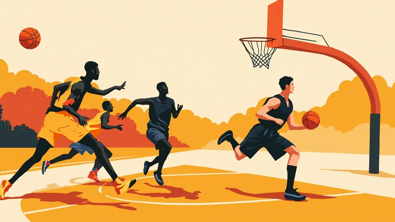 Four faceless silhouettes contest a fast break beneath the hoop as one player passes toward a cutting teammate.