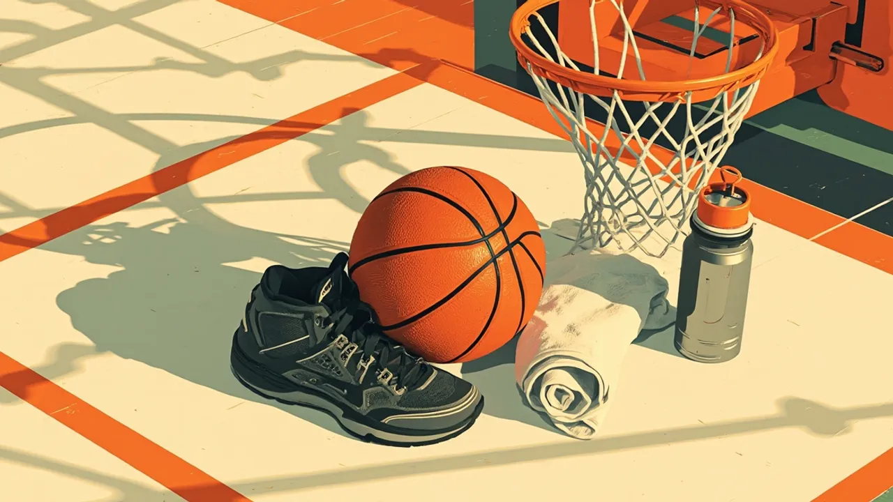 A basketball, sneakers, towel, and water bottle sit together on an indoor court beneath the edge of a hoop.