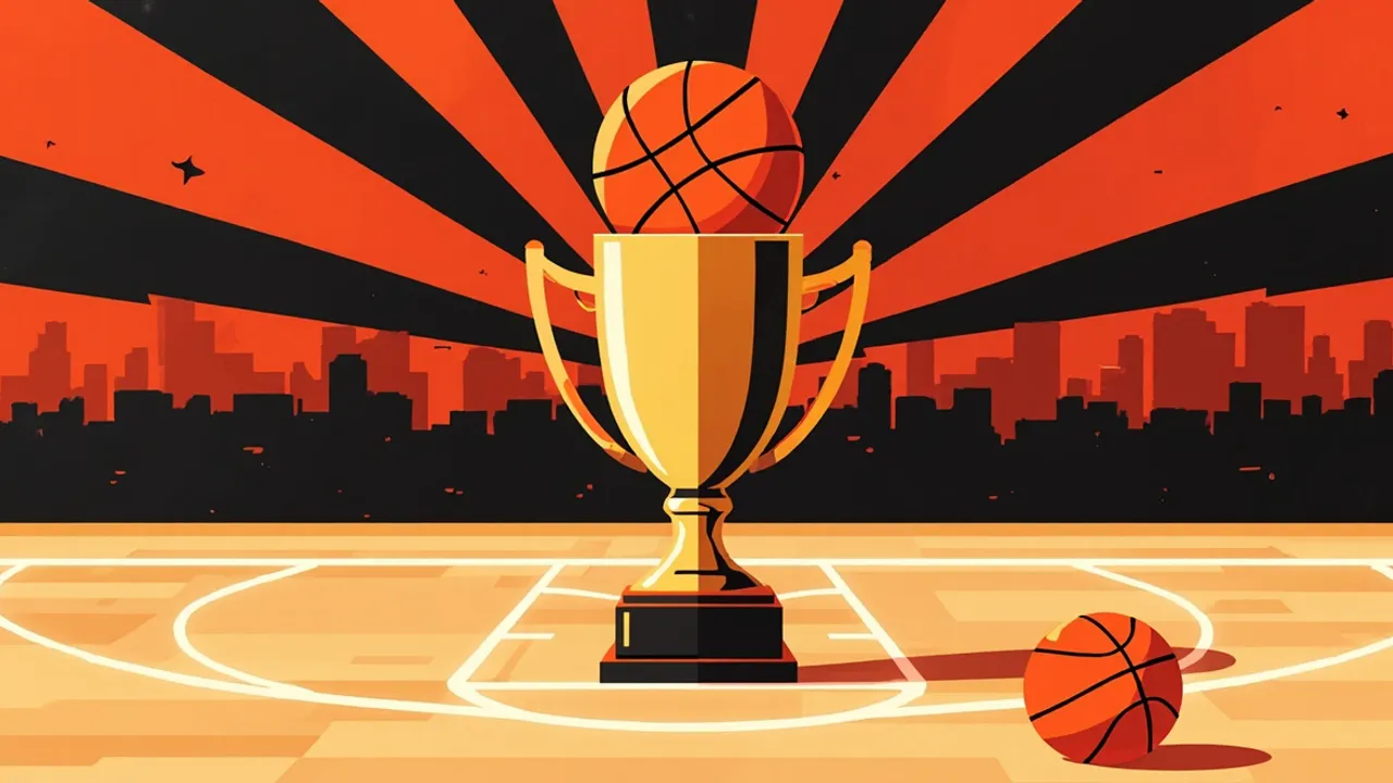 Un grand trophée doré surmonté d'un ballon de basket est posé sur un terrain de basket en bois marqué, avec un seul ballon à sa base, devant un fond à motifs géométriques rouge et noir.