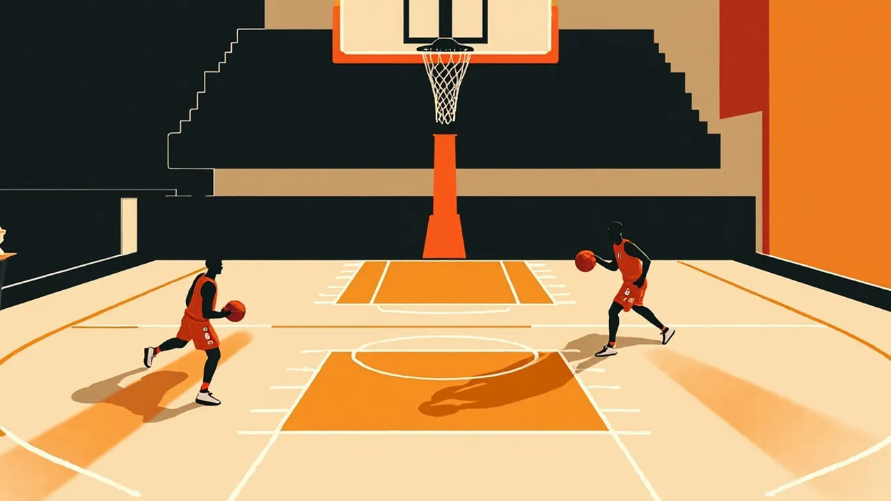 Terrain de basketball en salle vu d'en dessous le panier, deux silhouettes sans visage s'affrontent sur le parquet, un ballon en l'air entre elles.