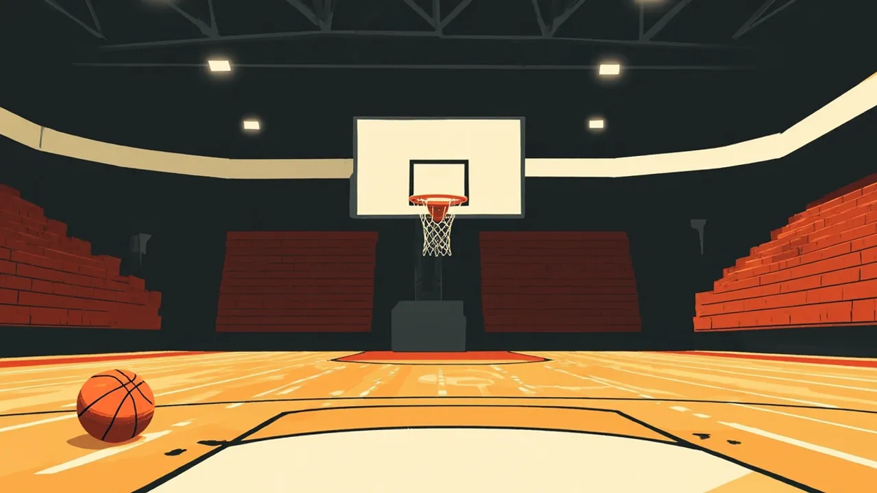 Empty indoor basketball court viewed from behind the hoop, with one ball resting on the sideline under bright arena lights.