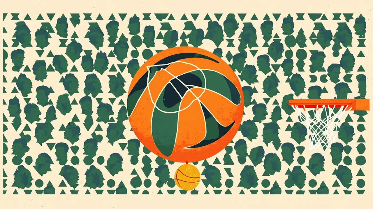 A central textured basketball in green and white, ringed by fourteen small faceless silhouettes, with a gold medal hanging beside a hoop on a patterned background.