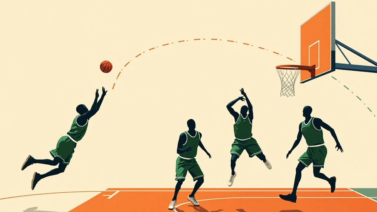 Faceless silhouettes in green and white play on a court; a ball arcs toward the hoop as one player shoots over a defender.