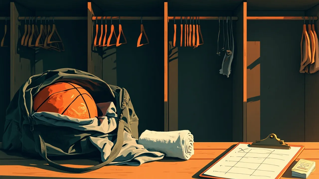 A still life on a locker room bench: a basketball, an open kit bag, a first-aid ice pack, a clipboard with X-O marks, and rows of empty hangers.