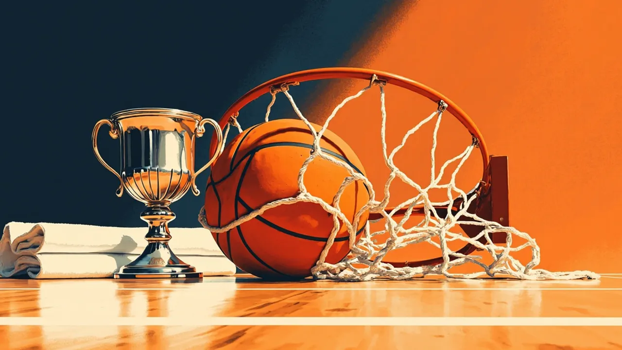 Un gros plan en nature morte sur un terrain de basket-ball : un ballon orange au repos dans un filet blanc sur un panier, un trophée en argent sur le parquet ciré à côté d'une serviette blanche pliée.