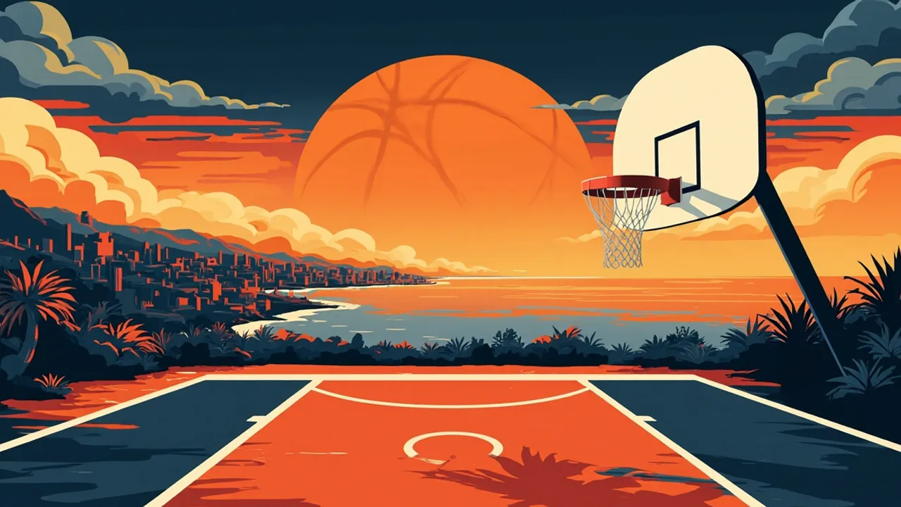 Un terrain de basketball et un ballon en ascension dominent un paysage côtier d’Afrique centrale au crépuscule.