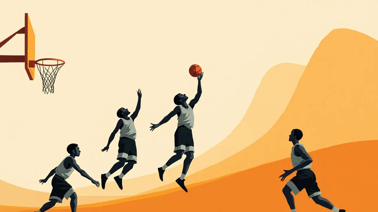 A silhouetted player dunks over a defender as teammates surge across the court in a packed indoor arena.