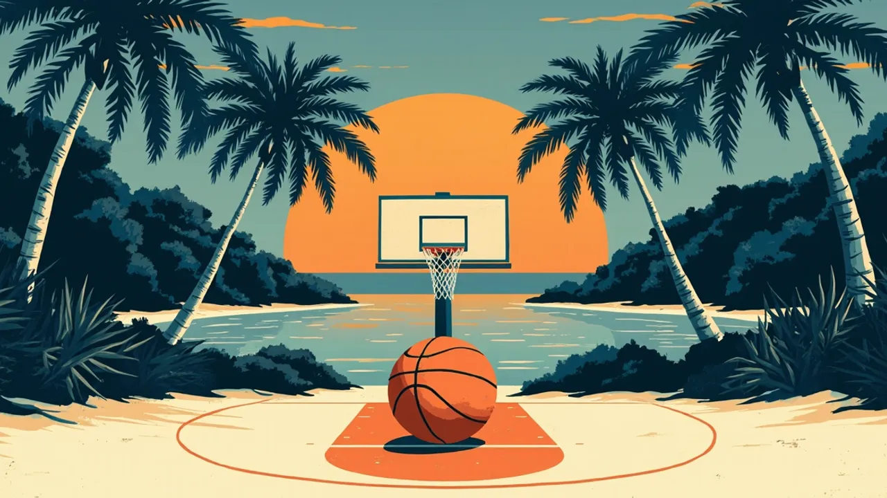Stylised African coast for evening wit half-court wey dem carve for sand, one basketball dey rest for free-throw line, and hoop dey stand between palm trees.