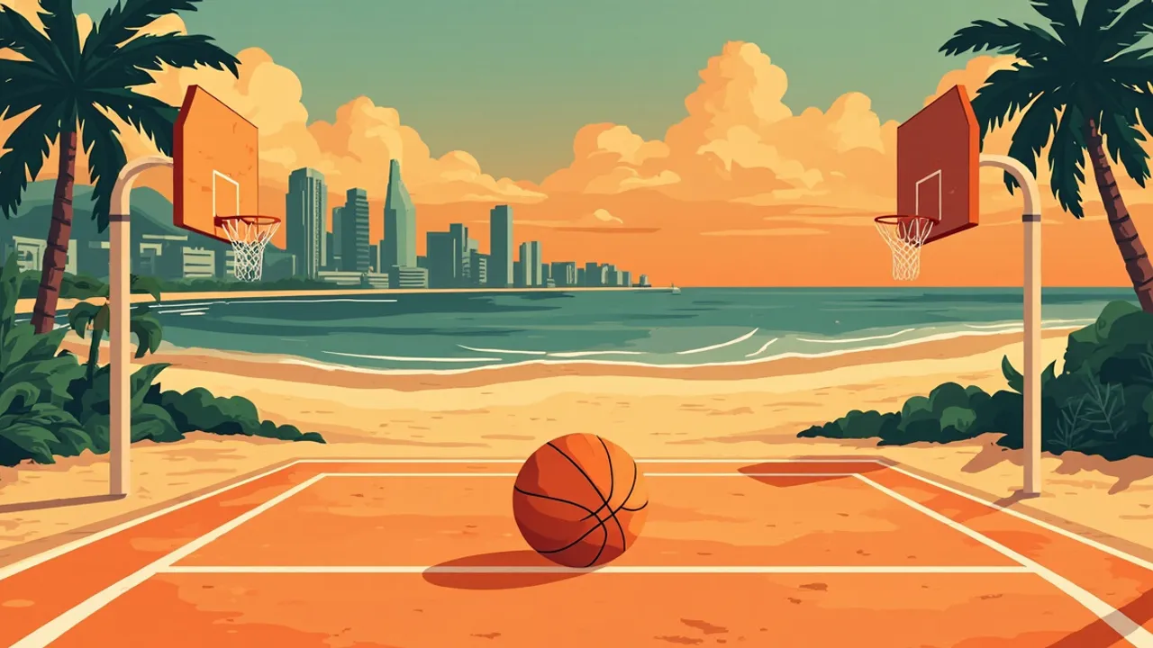 Coastal Central African city skyline for dusk with empty hardwood basketball court for foreground and one orange ball dey rest on free-throw line between two hoops.