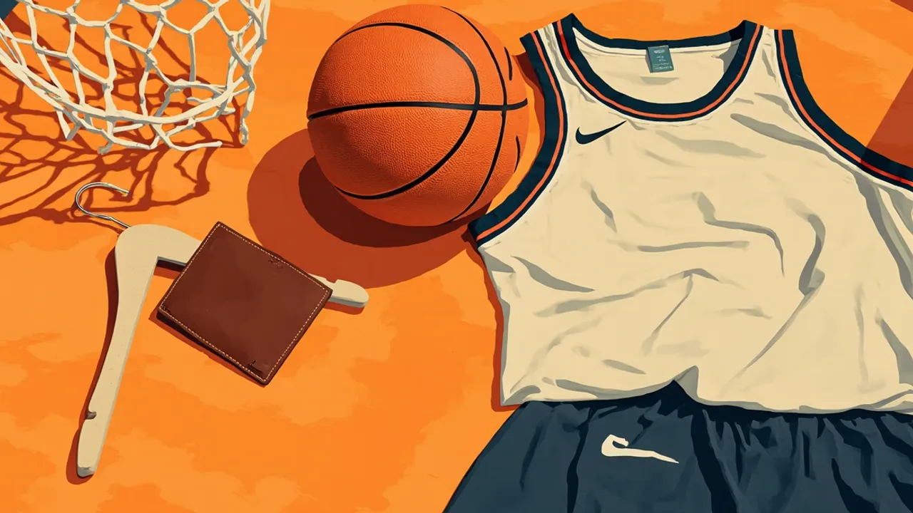 Still life of empty wallet wey dey next to basketball and folded jersey for wooden court, e symbolise say champion no get money to pay for im trip.