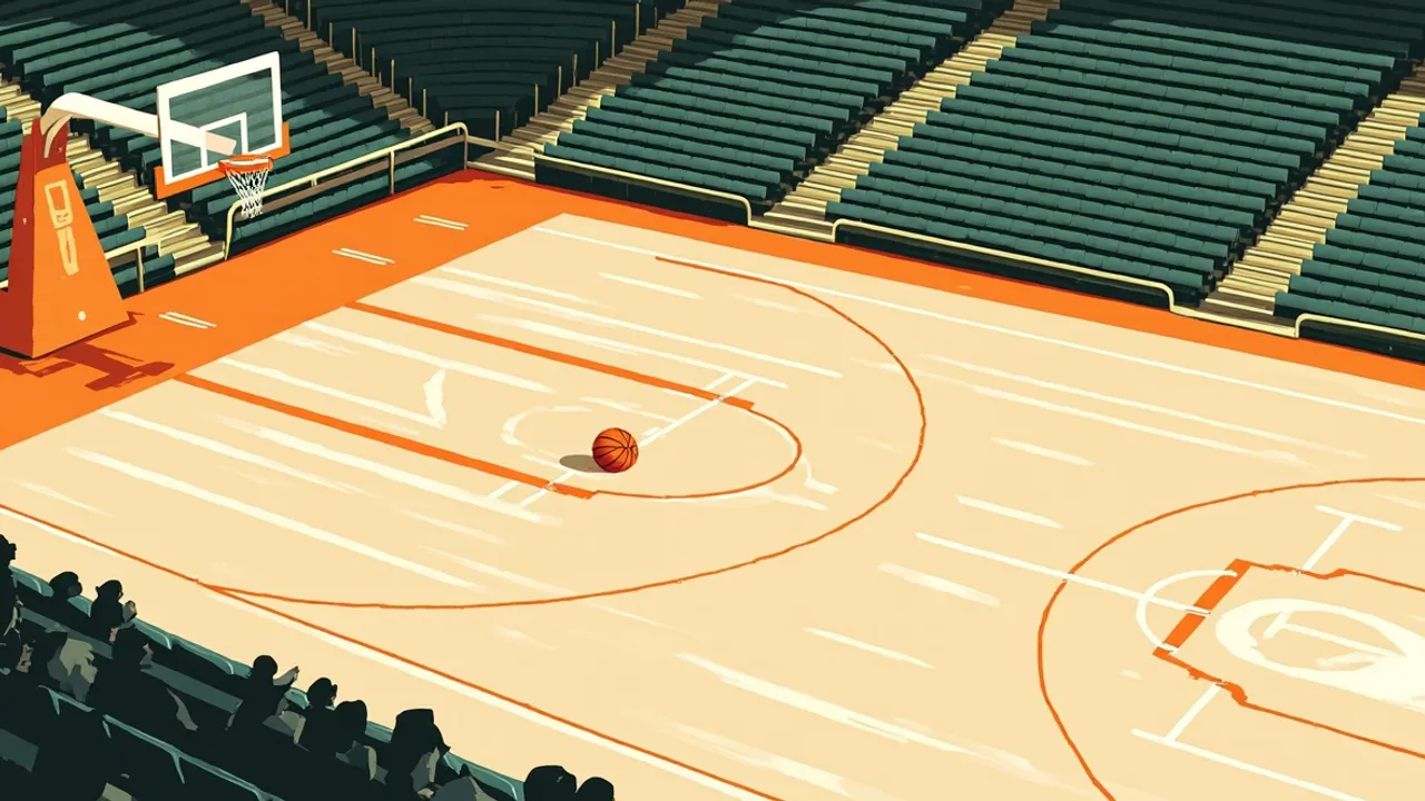 High-angle view of large indoor basketball court, with one ball beneet di hoop and faceless silhouettes for stands.