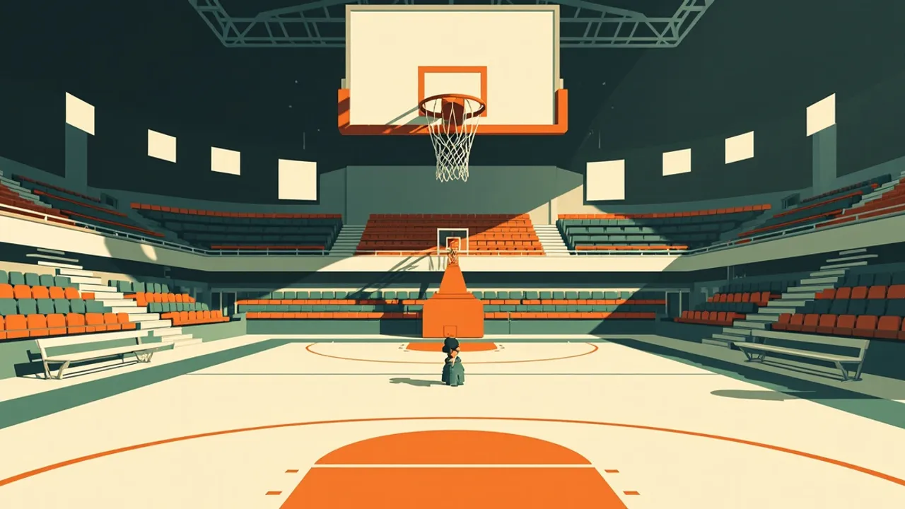 A large indoor basketball arena is seen from beneath the hoop, with court lines, benches and tiered seating visible.