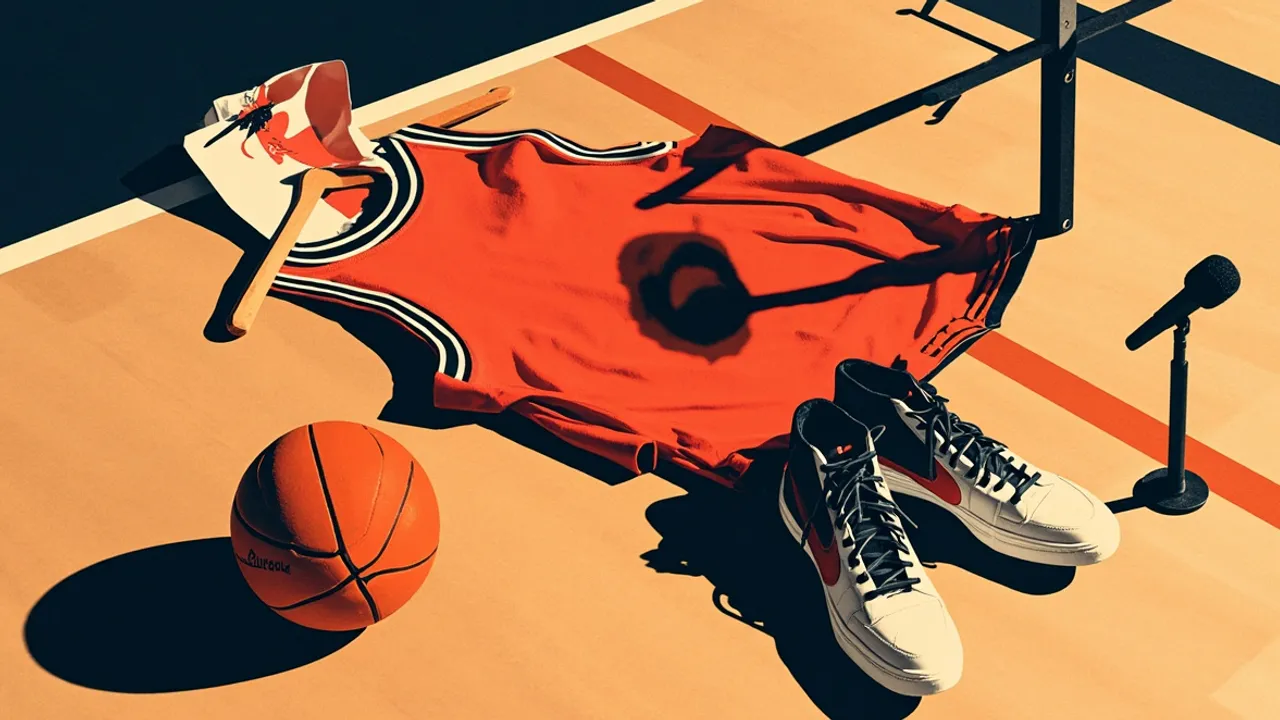 Top-down still life of a basketball, folded white jersey, snow globes, sneakers, and newspaper on hardwood, marking a jersey change and life off the court.