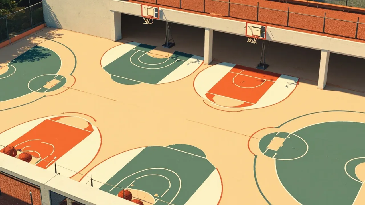 Three adjacent outdoor community basketball courts with hoops and one ball, shown from above.