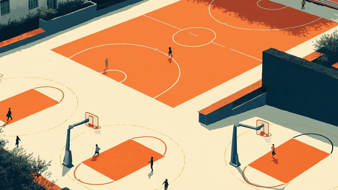 Three expansive new outdoor basketball courts fill a hillside community complex, with hoops, trees and school buildings around them.