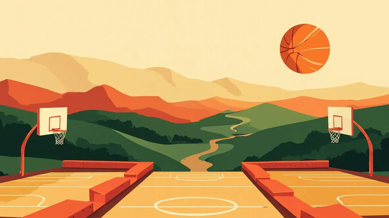 A hilly East African landscape at golden hour with three new basketball courts built into the land and one ball rising above the central hoop.