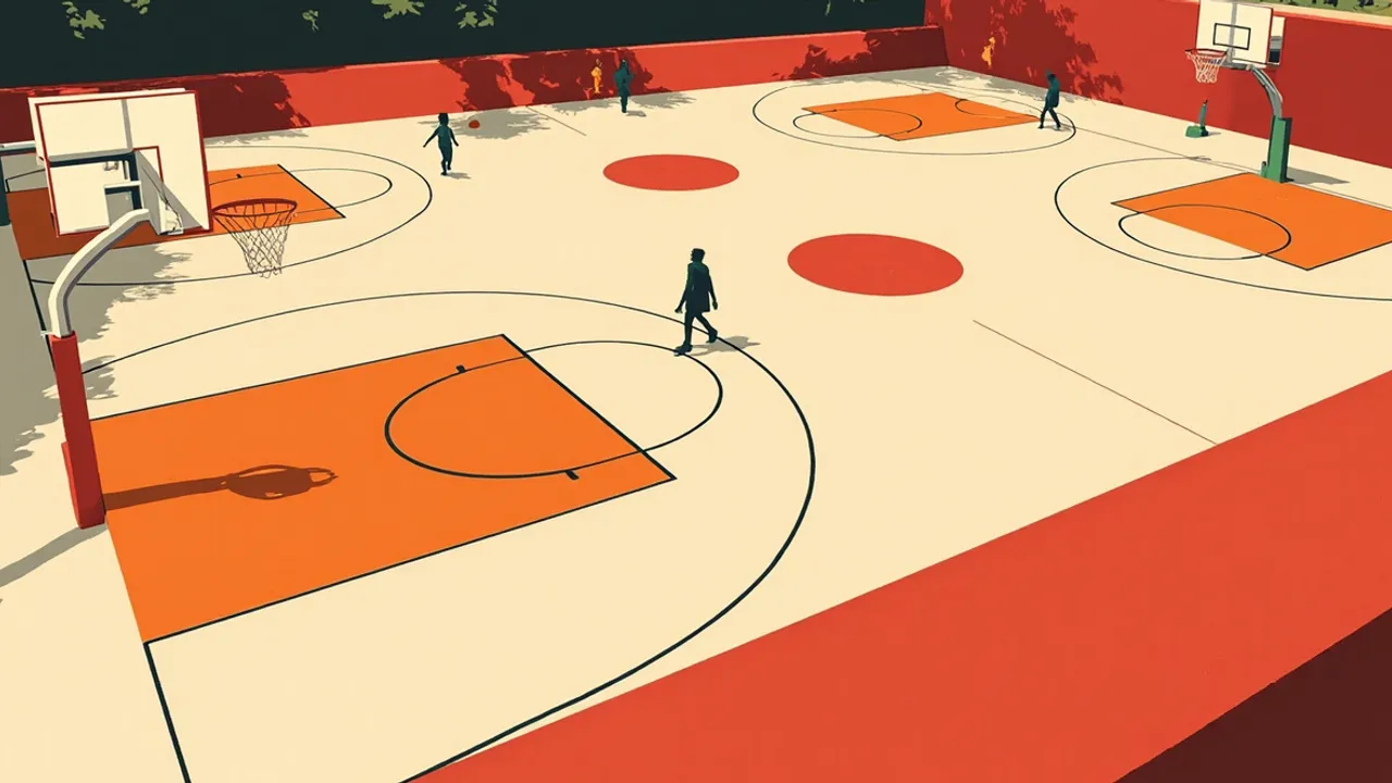 An aerial view of three new community basketball courts, with the largest filling the foreground beneath trees and school buildings.