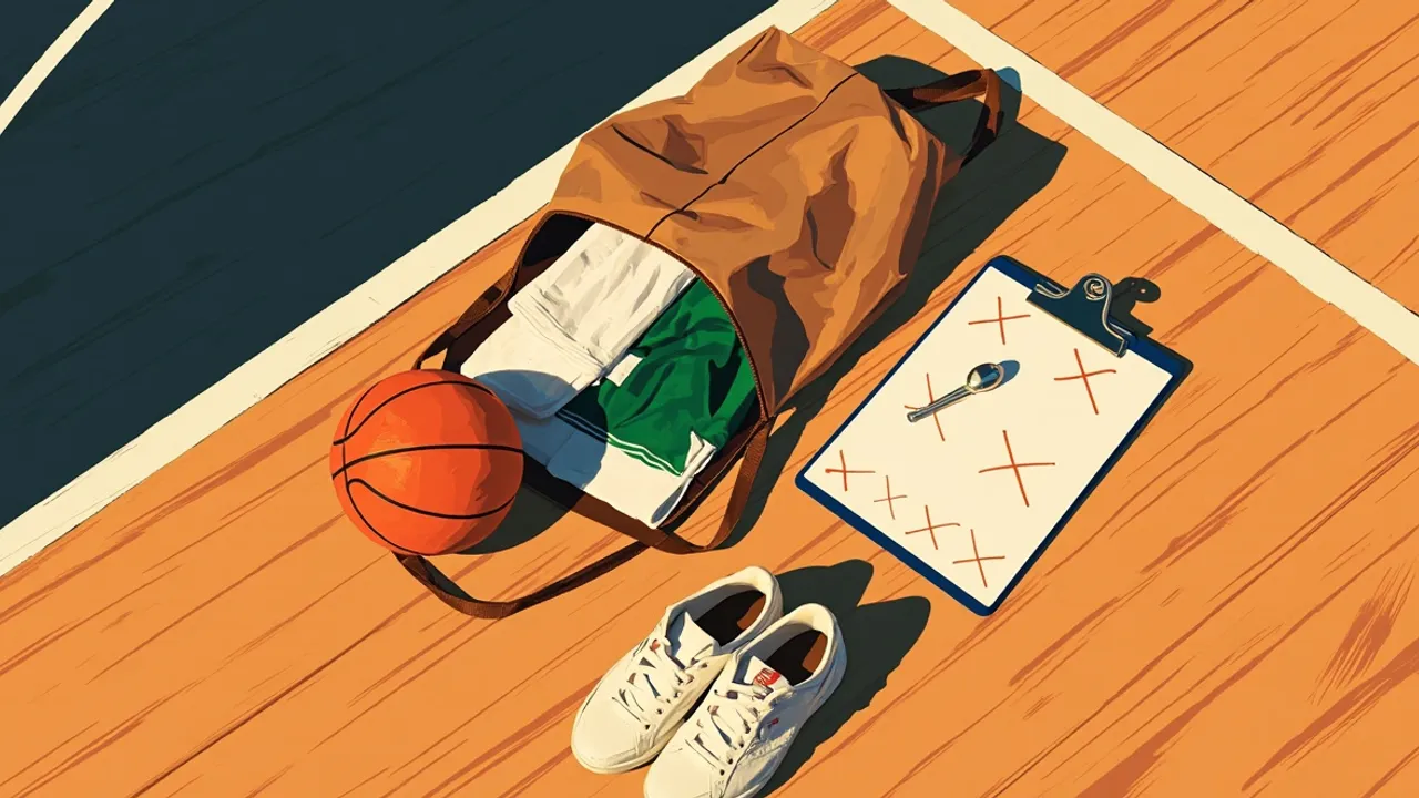 Nature morte sur un parquet en bois : un ballon de basket orange, un sac de matériel ouvert avec un maillot vert et blanc plié et une serviette, un presse-papiers avec des croix et des ronds et un sifflet, ainsi qu'une paire de baskets blanches.