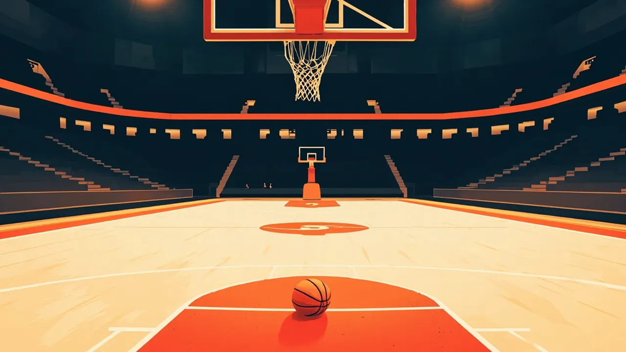 Un terrain de basketball intérieur vide vu depuis derrière le panneau, avec un seul ballon au centre du terrain et deux minuscules silhouettes dans les gradins au loin.