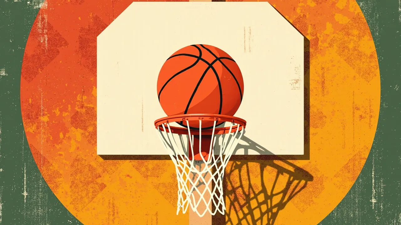 Un ballon de basket passe à travers un cerceau centré et un filet blanc, sur un fond à motifs vert, rouge et jaune, symbolisant une victoire décisive.