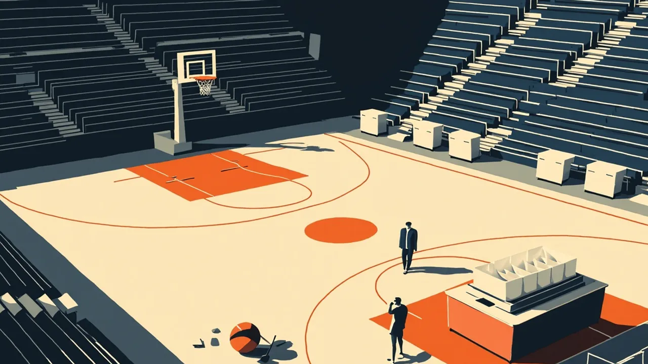 Empty indoor basketball court as person dey look am from scorer's table, where gavel, ballot box and envelopes dey, with one faceless pesin stand on top the hardwood.