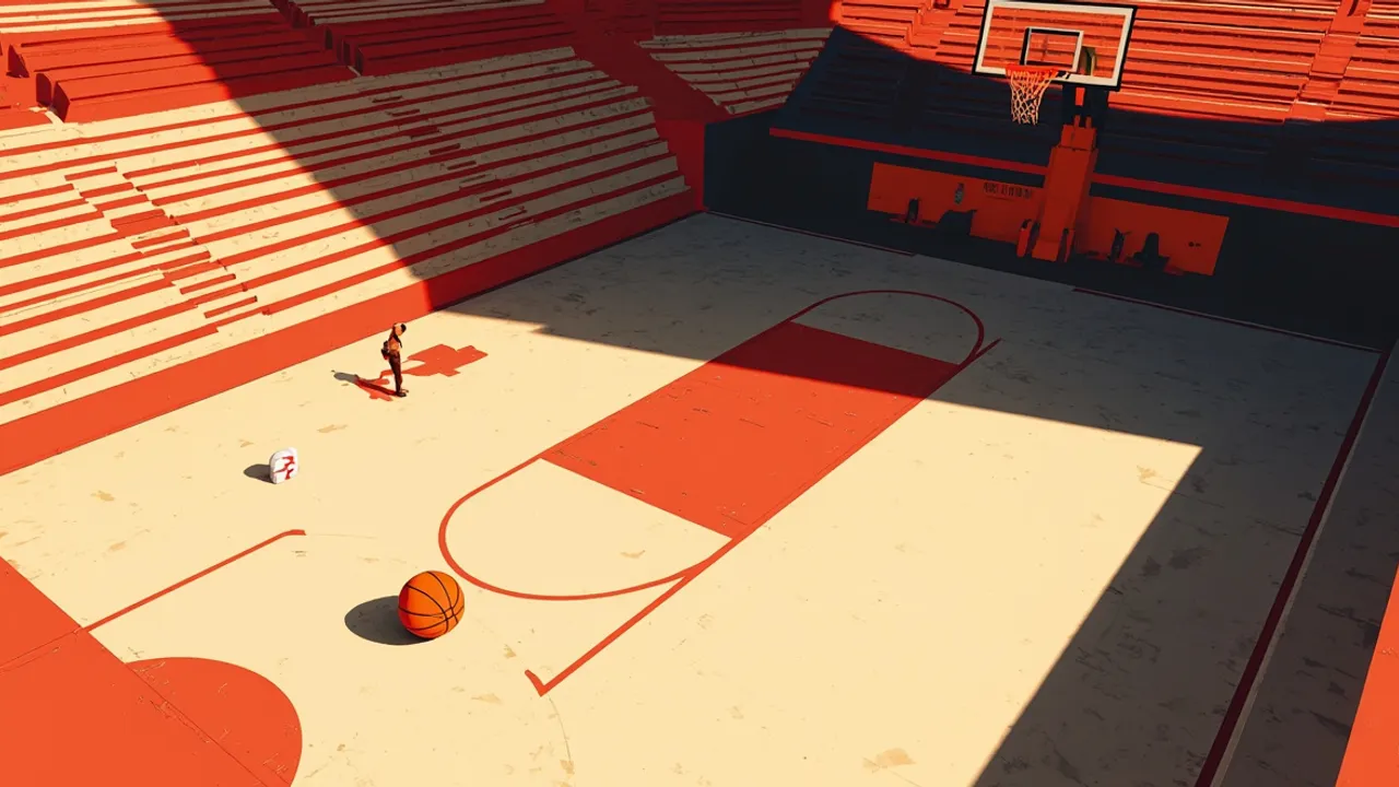 An overhead view of an indoor court, with one ball at center, a hoop in front, and a few faceless figures near the bench.