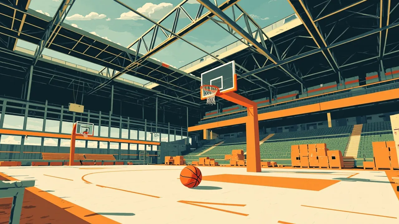 A vast arena under construction reveals major investment through its steel roof, unfinished stands and polished basketball court.