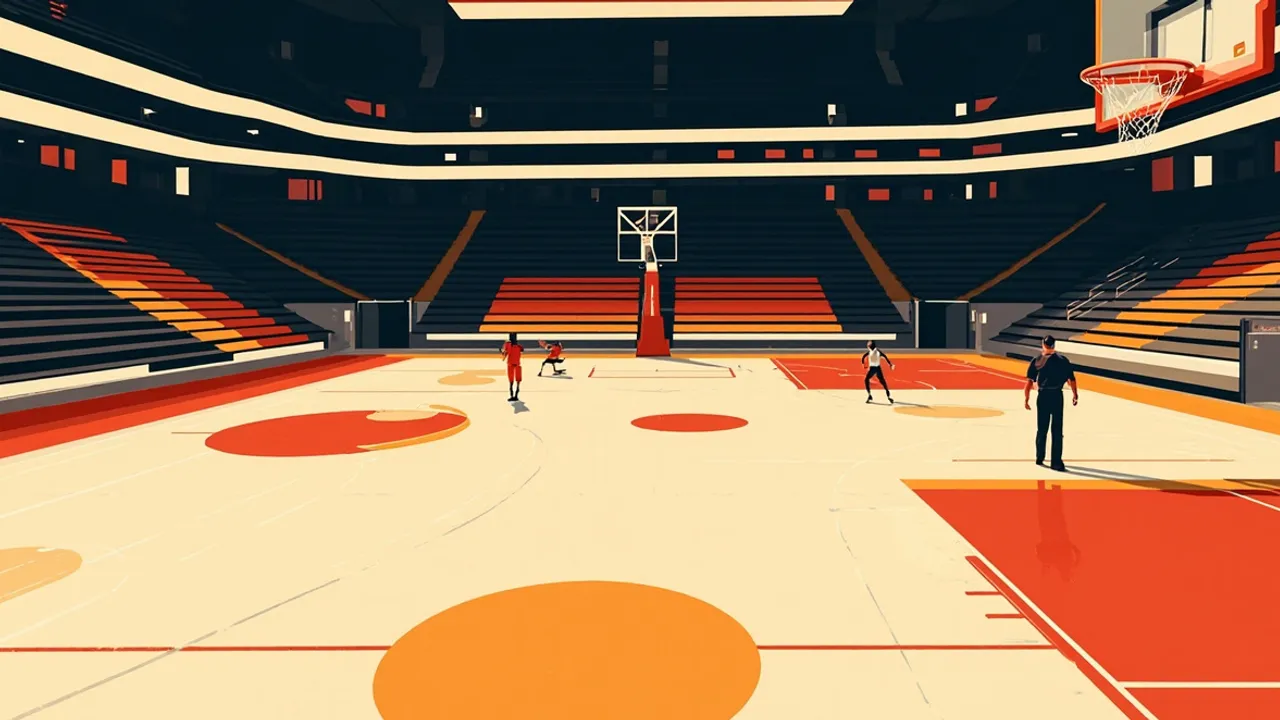 Indoor basketball arena wey person dey see from court level, e get polish wood floor, one hoop wit white net, tiered seating, and one small faceless figure under bright light.