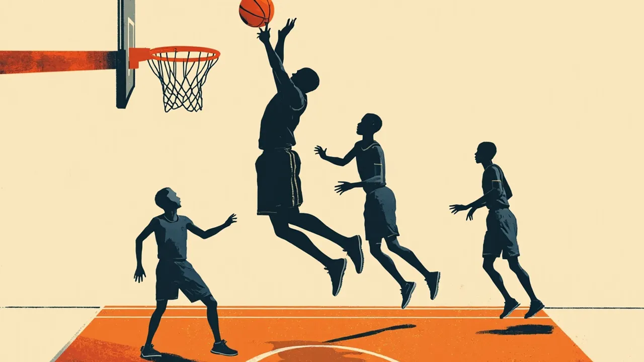 Illustration plate représentant une grande silhouette sans visage qui bloque un ballon de basket au panier lors d'un match intérieur de la CBA, avec trois autres silhouettes sans visage qui se disputent la raquette.
