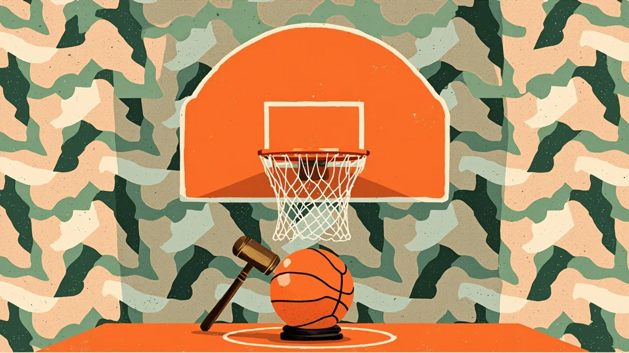 A gavel beside a basketball on a scorer's table before an empty hoop, symbolizing a withdrawn candidacy in a disputed federation election.